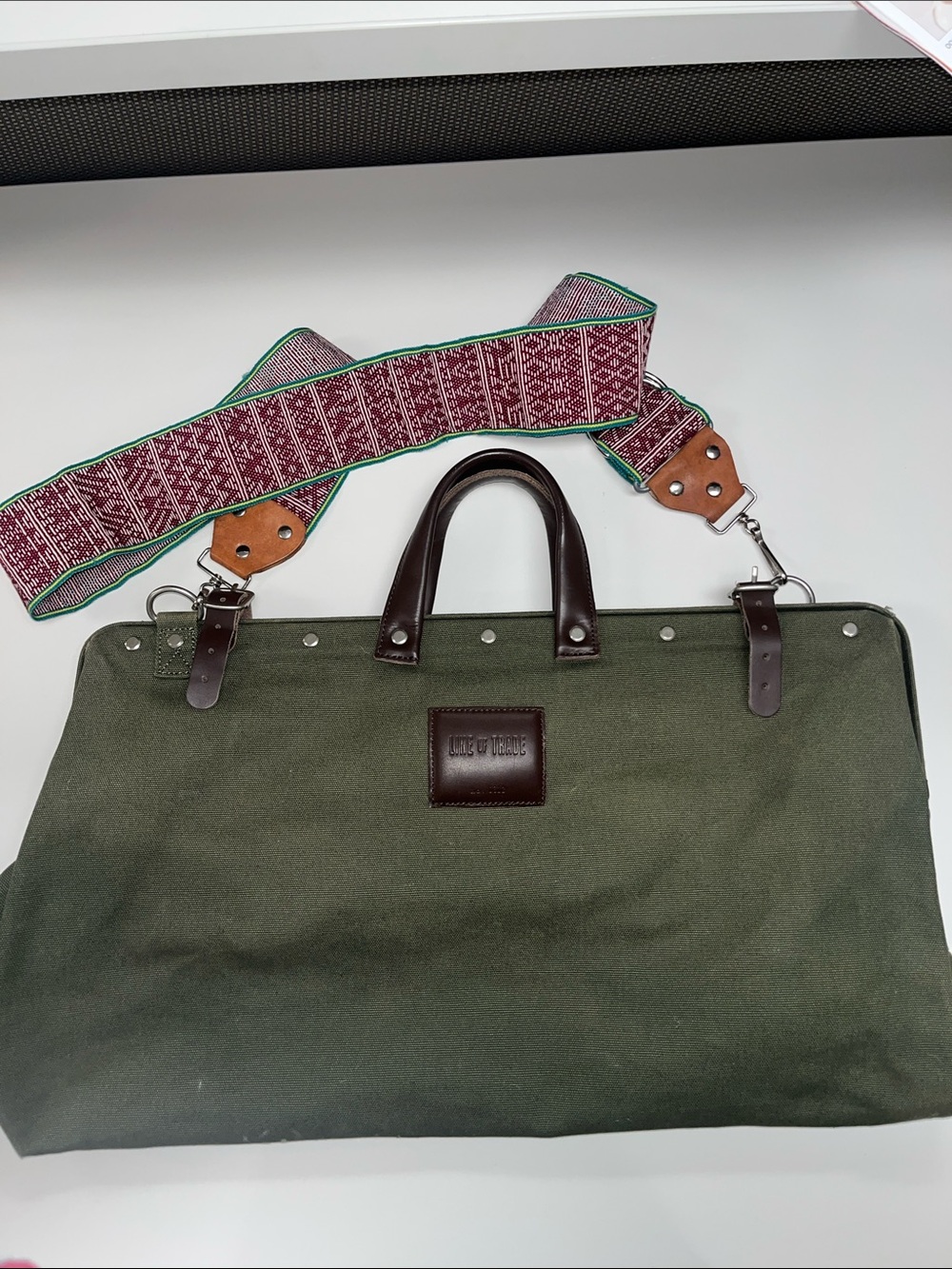 Line of Trade Olive Canvas Travel Bag with Leather Trim and Patterned Strap